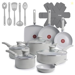 T-Fal Refresh Ceramic Pots and Pans Set, 20-Piece Nonstick Cookware Set, Stockpot, Griddle, Frying Pans, Utensils, Moon Grey