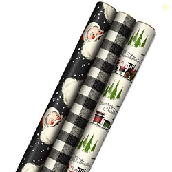 HALLMARK BLACK CHRISTMAS WRAPPING PAPER WITH CUT LINES ON REVERSE (3 ROLLS: 120 SQ. FT. TTL) RETRO SANTA, BLACK AND WHITE BUFFALO PLAID, TRAIN AND TREES (0005JXW1077)