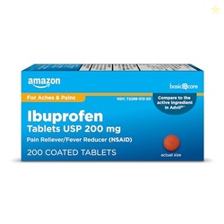 Amazon Basic Care Ibuprofen Tablets, Fever Reducer and Pain Relief from Body Aches, Headache, Arthritis and More, Brown, 200 Count (Packaging may vary)
