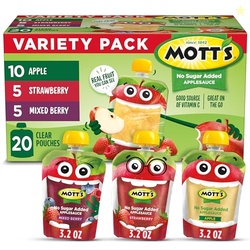 MOTT'S NO SUGAR ADDED APPLESAUCE VARIETY PACK, 3 FLAVORS  APPLE, STRAWBERRY & MIXED BERRY, MADE FROM REAL FRUIT, NO ARTIFICIAL FLAVORS, 3.2 OZ CLEAR POUCHES, 20 PACK