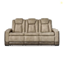 Signature Design by Ashley Next-Gen DuraPella Power Reclining Sofa  Wireless & USB Charging, Zero-Gravity, Adjustable Headrest, Water-Repellent Faux Leather, Drop-Down Table, Beige/Brown, 86