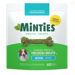 Minties Dental Chews for Dogs, 60 Count, Vet-Recommended Mint-Flavored Dental Dog Treats for Medium Dogs, Bones Clean Teeth, Fight Bad Breath, and Removes Plaque and Tartar