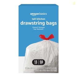 AMAZON BASICS FLEXTRA TALL KITCHEN DRAWSTRING TRASH BAGS, 13 GALLON, UNSCENTED, 50 COUNT