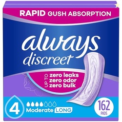 Always Discreet Adult Incontinence Pads for Women, Moderate Absorbency, Long Length, Postpartum Pads, 162 Count (3 Packs of 54)
