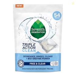 SEVENTH GENERATION TRIPLE ACTION CLEAN AUTOMATIC DISHWASHER DETERGENT PACKS WITH BIO-ENZYME POWER, FREE & CLEAR, FIGHTS 48-HOUR STUCK-ON FOOD, 54 COUNT