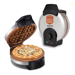 Gourmia Belgian Waffle Maker  Compact Design with Upright Storage, Adjustable Browning, and Easy-Clean Nonstick Ceramic Plates, Stainless Steel