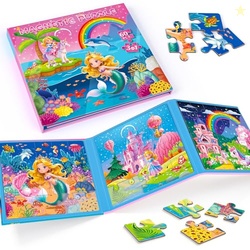 3x20 Pieces Puzzles for Kids Ages 4-6, Magnetic Puzzles for Kids Ages 3-5, Mermaid/Princess/Unicorn 3 in 1, Car Airplane Road Trip Activities Toys for 3 4 5 6 + Girls