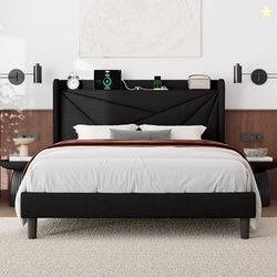 Feonase Queen Size Bed Frame with Charging Station, Linen Upholstered Platform Bed Frame with Wingback Storage Headboard, Solid Wood Slats Support, No Box Spring Needed, Noise Free, Black