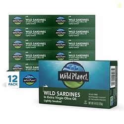 WILD PLANET WILD SARDINES IN EXTRA VIRGIN OLIVE OIL, LIGHTLY SMOKED, TINNED FISH, SUSTAINABLY WILD-CAUGHT, NON-GMO, KOSHER, GLUTEN FREE, 4.4. OUNCE (PACK OF 12)