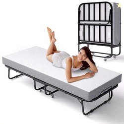Decofy Folding Bed with Memory Foam Mattress, Portable Rollaway Guest Beds on Wheels, 75"x31" Twin Size Space-Saving Cot-Size Bed for Adults with Easy Assembly Metal Frame (White)