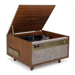 Victrola Century 6-in-1 Vinyl Record Player & Music Center  3-Speed Turntable, CD & Cassette Player, VINYLSTREAM, Bluetooth & 3.5mm Aux, Record Player with Speakers, Mid Century Design (Walnut)