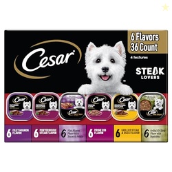 Cesar Adult Wet Dog Food Steak Lovers Variety Pack with Real Meat, 3.5 oz. Easy Peel Trays, 36 Count