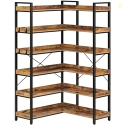 Rolanstar Bookshelf 6 Tier with 4 Hooks, Reversible Corner Bookshelf, 69" Industrial Wooden Bookcase with Open Shelves and Metal Frame for Living Room, Bedroom, Home Office, Rustic Brown