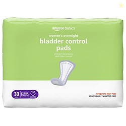 Amazon Basics Incontinence Pads for Women, Bladder Control, Postpartum, Overnight Absorbency, Unscented, 30 Count
