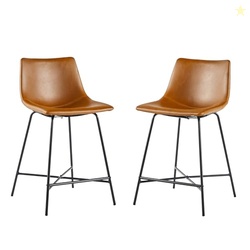 Walker Edison Xuma Modern Faux Leather Armless Low Back Counter Stool, Set of 2, Whiskey Brown