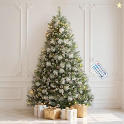 DWVO Prelit Christmas Tree 6ft with 56 Pine Cones & White Pine Needle, Atificial Tree with 250 LED Lights, Full Green Xmaxs Trees with 946 Metal Hinged Branch Tips & Stand Remote Controlled