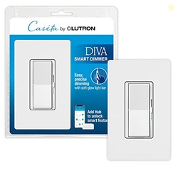 Lutron Diva Smart Dimmer Light Switch with Wallplate for Caseta Lighting (Lutron Smart Hub Required), for LED Lights, 150W, Single-Pole/3-Way, No Neutral, White (DVRFW-6L-WH-A)