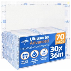 MEDLINE ULTRASORBS ADVANCED EXTRA STRENGTH DRYPADS, 30" X 36", 70 COUNT, SUPER ABSORBENT DISPOSABLE PADS, INCONTINENCE BED PADS, CHUCKS BED PADS, ELDERLY, 350 LB REPOSITIONING CAPACITY