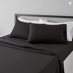 Amazon Basics Lightweight Super Soft Easy Care Microfiber 4 Piece Cozy Comfortable Bed Sheet Set with 14-Inch Deep Pockets, Queen, Black, Solid