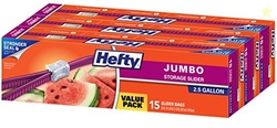 HEFTY SLIDER JUMBO STORAGE BAGS, 2.5 GALLON SIZE, 3 BOXES OF 15 BAGS (45 TOTAL)