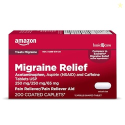 AMAZON BASIC CARE MIGRAINE RELIEF, ACETAMINOPHEN, ASPIRIN (NSAID) AND CAFFEINE TABLETS, HEADACHE PAIN RELIEVER/PAIN RELIEVER AID, 200 COUNT