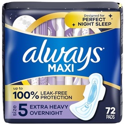 ALWAYS MAXI OVERNIGHT PADS WITH WINGS, SIZE 5, EXTRA HEAVY OVERNIGHT, UNSCENTED, 72 COUNT