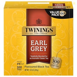 TWININGS EARL GREY BLACK TEA INDIVIDUALLY WRAPPED BAGS, 100 COUNT (PACK OF 1), FLAVOURED WITH CITRUS & BERGAMOT, CAFFEINATED, ENJOY HOT OR ICED, 100 TEABAGS