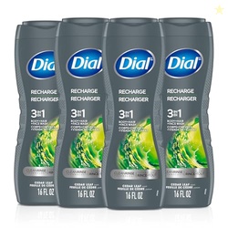Dial Men 3 in 1 Body, Hair and Face Wash, Recharge, 16 Fl Oz (Pack of 4), Cedar Leaf Scent, Cleanses Deep + Gentle on Skin with Clean Rinse Technology