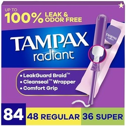 Tampax Radiant Tampons for Women Multipack, with LeakGuard Braid, Regular/Super Absorbency, Unscented, 84 Count (3 Packs of 28)