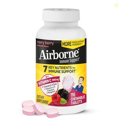 Airborne Vitamin C 1000mg (per Serving) - Very Berry Chewable Tablets (116 Count in a Bottle), Gluten-Free Immune Support Supplement, with Vitamins A C E, Zinc, Selenium, Ginger, Antioxidants