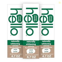 hello Naturally Whitening Fluoride Toothpaste, Natural Whitening Toothpaste with Coconut Oil and Tea Tree Oil, Tames Bad Breath, Helps Moisturize, and Fights Cavities, Mint, 3 Pack, 4.7 Oz Tubes