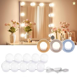 LED VANITY LIGHTS FOR MIRROR, CONSCIOT HOLLYWOOD STYLE WITH 10 DIMMABLE BULBS, ADJUSTABLE COLOR & BRIGHTNESS, USB CABLE, STICK ON FOR MAKEUP TABLE DRESSING ROOM MIRROR