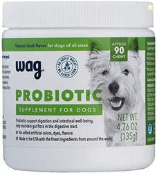 AMAZON BRAND - WAG PROBIOTIC SUPPLEMENT DAILY CHEWS FOR DOGS, SUPPORTS DIGESTION AND GUT HEALTH, NATURAL DUCK FLAVOR, 90 COUNT