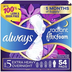 Always Radiant Feminine Pads for Women, Flexfoam Pads with Wings, Size 5, Extra Heavy Overnight Absorbency, Lightly Scented, 54 Count (3 Packs of 18)