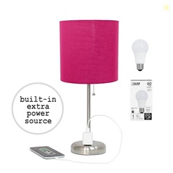 Simple Designs LT2024-PNK-LB 19.5" Brushed Steel Stick Table Desk Lamp with Charging Outlet and Drum Fabric Shade for Living Room, Hallway, Nightstand, Office, Pink Shade, with Feit LED Bulb Included