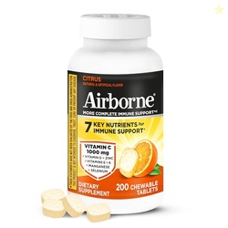 AIRBORNE 1000MG VITAMIN C WITH D AND ZINC, MULTIVITAMIN IMMUNE SUPPORT SUPPLEMENT WITH ANTIOXIDANTS A, C, AND E, 200 CHEWABLE TABLETS, CITRUS FLAVOR