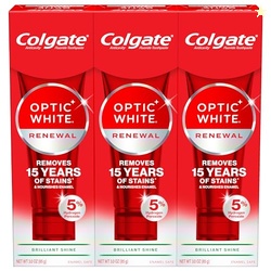 COLGATE OPTIC WHITE RENEWAL TEETH WHITENING TOOTHPASTE, WHITENING FLUORIDE TOOTHPASTE, EFFECTIVELY REMOVES TEA, COFFEE, AND WINE STAINS, MADE WITH HYDROGEN PEROXIDE, BRILLIANT SHINE, 3 PACK, 3.0 OZ