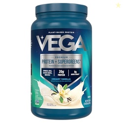 VEGA PREMIUM PROTEIN + SUPERGREENS - 20G PROTEIN, CREAMY VANILLA, 25 SERVINGS, SPINACH,KALE, ALFALFA GRASS, BROCCOLI, 0G ADDED SUGAR, NON-GMO, GLUTEN FREE, DAIRY FREE, 1.68 LBS (PACKAGING MAY VARY)