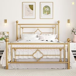 SHA CERLIN 14 Inches Queen Size Metal Platform Bed Frame/Vintage Iron-Art Headboard and Footboard/Mattress Foundation for Storage/No Box Spring Needed/Noise-Free/Easy Assembly/Gold