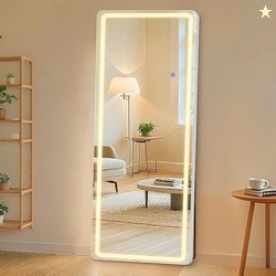 Sweetcrispy 64"x21" Full Length Standing Mirror with LED Lights, Lighted Floor Mirror with Stand, Aluminum Alloy Thin Frame, White