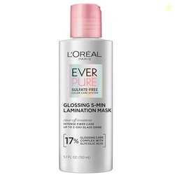 L'OREAL PARIS GLOSSING LAMINATION HAIR MASK WITH GLYCOLIC ACID, HAIR TREATMENT FOR LASTING SHINE AND SMOOTHNESS FOR DULL, DRY HAIR, EVERPURE, 5.1 FL OZ