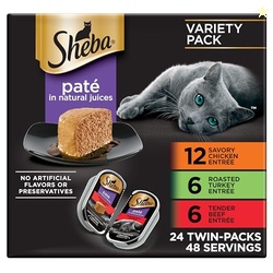 SHEBA PERFECT PORTIONS WET CAT FOOD PATE SAVORY CHICKEN ENTREE, ROASTED TURKEY ENTREE, AND TENDER BEEF ENTREE VARIETY PACK, 2.6 OZ. TWIN PACK TRAYS (24 COUNT, 48 SERVINGS)
