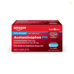 Amazon Basic Care Acetaminophen PM Caplets, Pain Reliever Plus Nighttime Sleep Aid, Extra Strength, Helps Occasional Minor Aches, Pains and Headache Relief, 100 Count, Packaging may vary