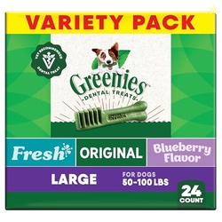 Greenies Veterinarian-Recommended Adult Natural Dental Dog Treats Large Size, Fresh Flavor, Original Flavor, and Blueberry Flavor, (3) 12 oz. Packs, 24 Count
