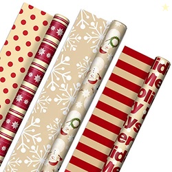 Hallmark Reversible Christmas Wrapping Paper (3 Rolls: 120 sq. ft. ttl) Merry Holidays, Snowflakes, Snowmen, Red Stripes