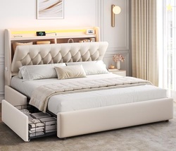 Full LED Velvet Bed Frame with 2 Storage Drawers&Hidden Headboard, Upholstered Platform Bed with Charging Station&Button Tufted Design, Wooden Slats Support, Box Spring Optional, Easy Assembly, Beige
