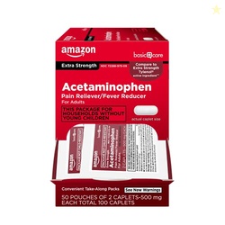 Amazon Basic Care - Extra Strength Acetaminophen Caplet 500 mg, 100 Count ( 50 pouches of 2 caplets )