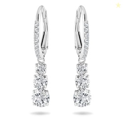 SWAROVSKI STILLA ATTRACT TRILOGY DROP PIERCED EARRINGS WITH WHITE CRYSTALS ON A RHODIUM PLATED SETTING WITH HINGED CLOSURE