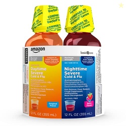 Amazon Basic Care Daytime and Nighttime Max Strength Severe Cold and Flu Relief Medicine, Combo Pack, Liquid Medication for Day and Night, Original and Berry, 24 fl oz (Pack of 1)