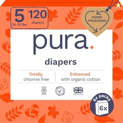 Pura Size 5 Eco-Friendly Diapers (24-35 lbs) Totally Chlorine Free (TCF), Hypoallergenic, Soft Organic Cotton, Sustainable, up to 12 Hours Leak Protection, Allergy UK, 6 Packs of 20 (120 Diapers)